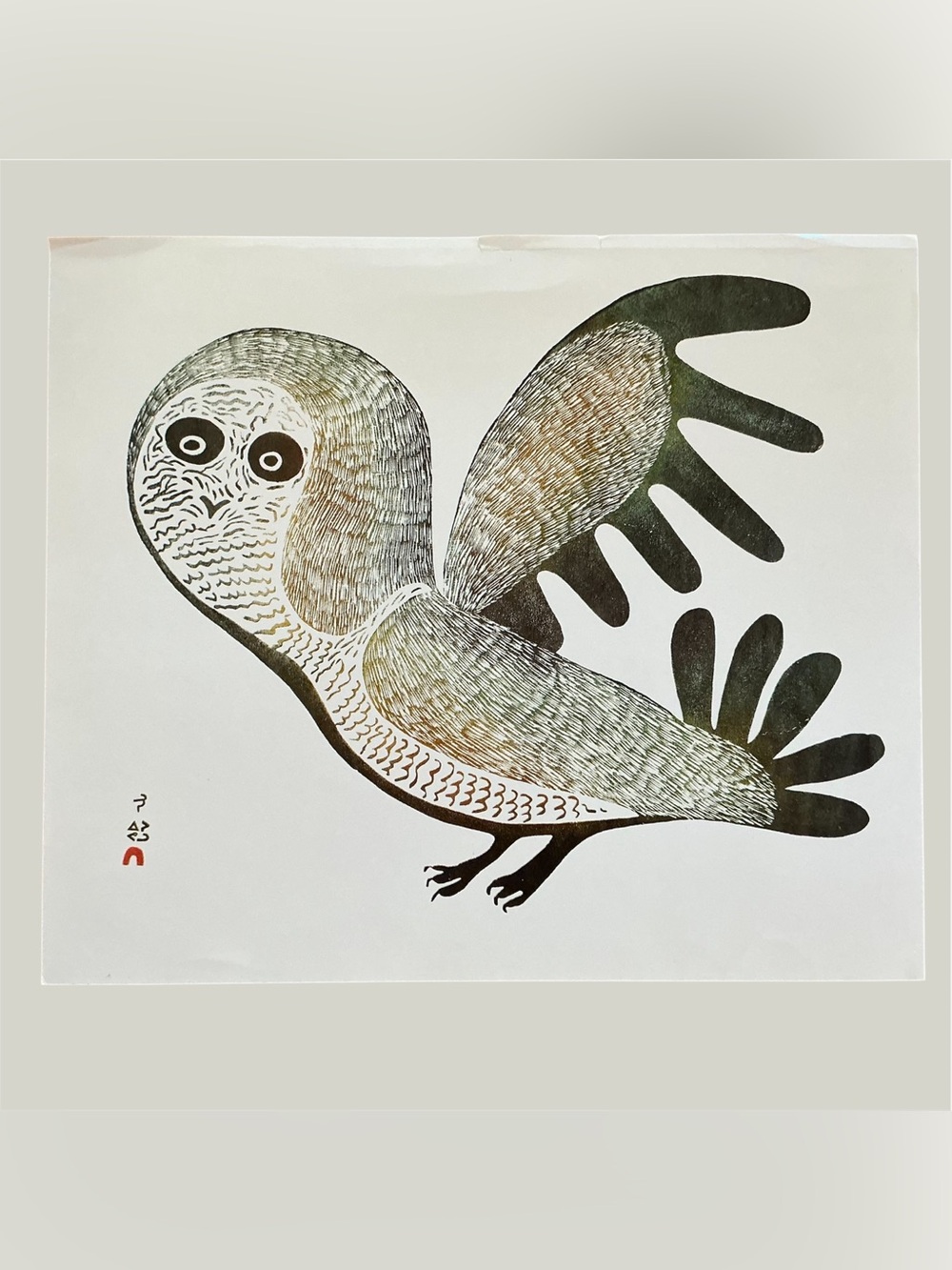 Lucy’s Owl, 1969 - Lucy Qinnuayuak Stone Cut Print - Kinngait (Cape Dorset)